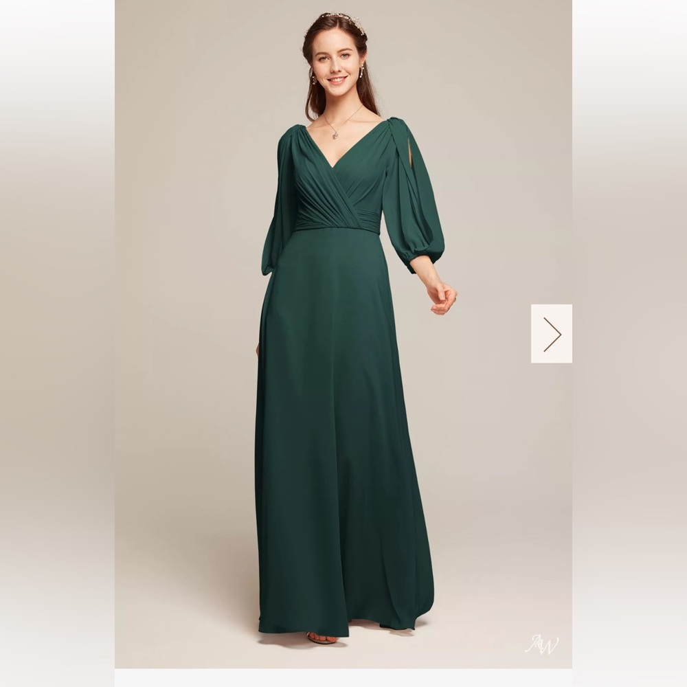 AW Bridal “Polly” Long Sleeve Emerald Green Dress Flowy Chiffon Bridesmaid Dress